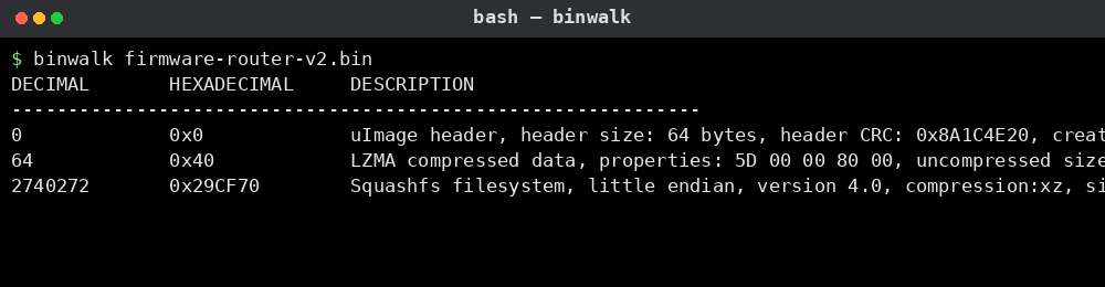 binwalk 펌웨어 스캔 결과: uImage 헤더·LZMA 압축·Squashfs 파일시스템 오프셋이 표시되는 화면