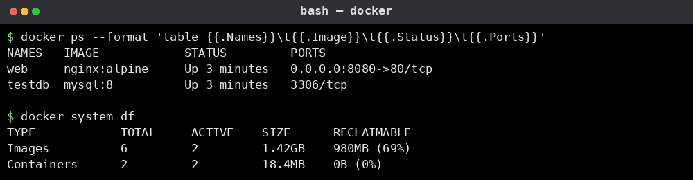 docker 컨테이너 목록과 시스템 용량 확인 예시
