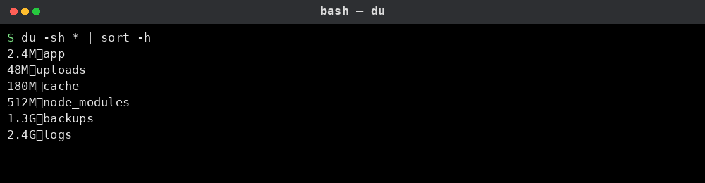 du -sh * | sort -h 실행 결과: 2.4M src부터 2.3G logs까지 용량 순 정렬