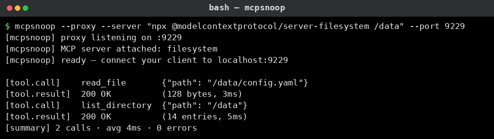 mcpsnoop 프록시 캡처 예시: MCP filesystem 서버에 read_file·list_directory 호출 포착