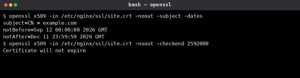 openssl 명령어 실행 결과: 인증서 정보와 만료