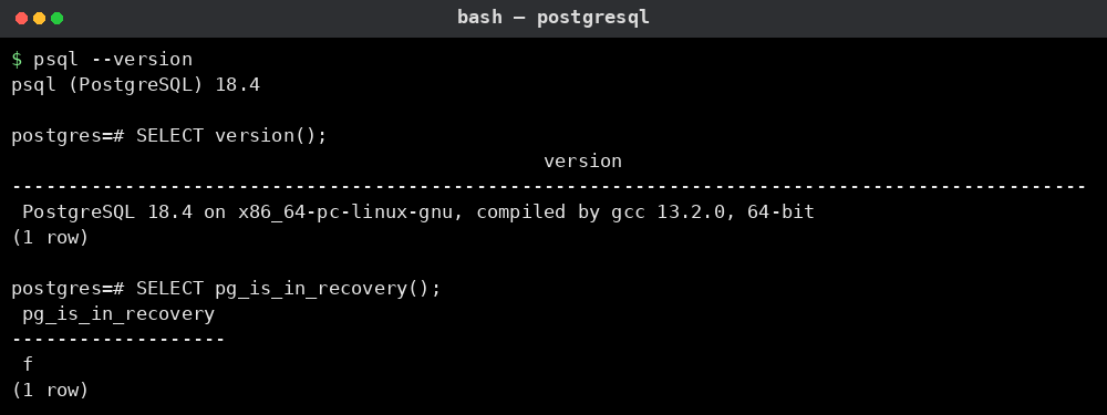 PostgreSQL 예시: 버전·복구 상태 확인 쿼리