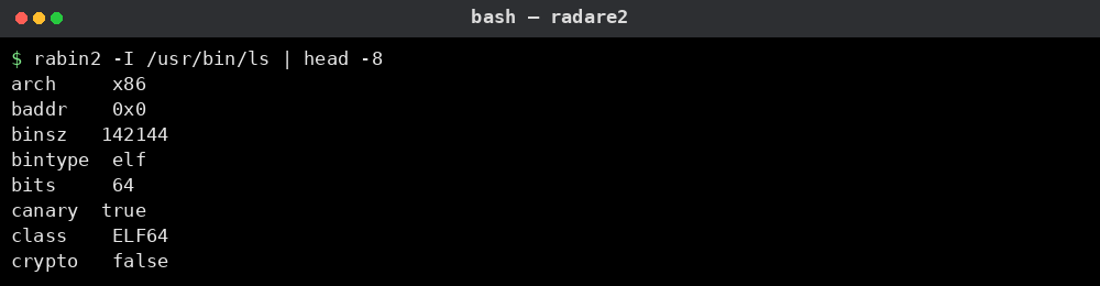 radare2 rabin2 명령으로 ELF 파일 정보(arch, bintype, bits 등)를 추출한 터미널 화면