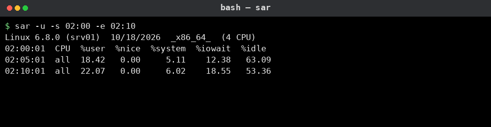 sar 명령어 실행 결과: 과거 CPU 이력