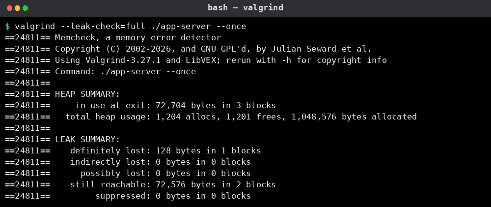 valgrind --leak-check=full 결과: HEAP SUMMARY와 LEAK SUMMARY(definitely lost 등)가 표시되는 터미널