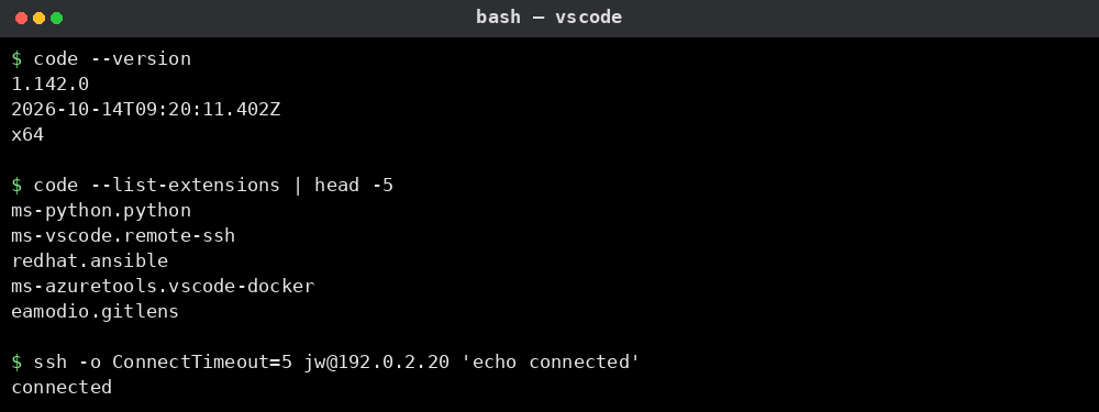 VS Code 예시: 버전·확장 목록, 원격 SSH 연결 확인