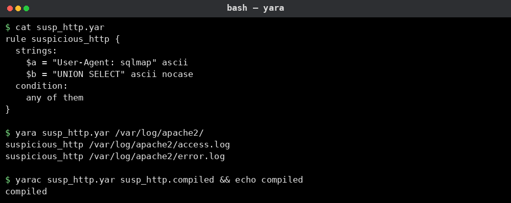 YARA 예시: 규칙 파일 작성 후 디렉터리 스캔, yarac 컴파일